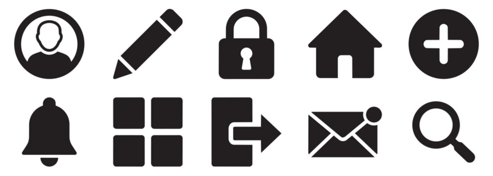 Bundle of essential UI navigation solid icons user edit lock home search