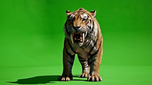 Close up shot of a ferocious extinct saber-toothed tiger on a green screen background, showcasing a powerful prehistoric animal
