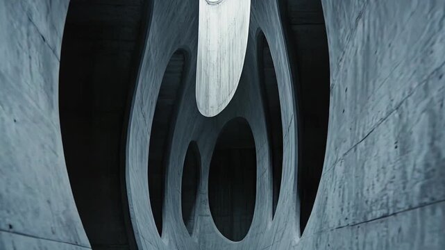 Concrete architectural structure forming abstract, brutalist patterns with negative space and light, creating a modern, textured background for design concepts