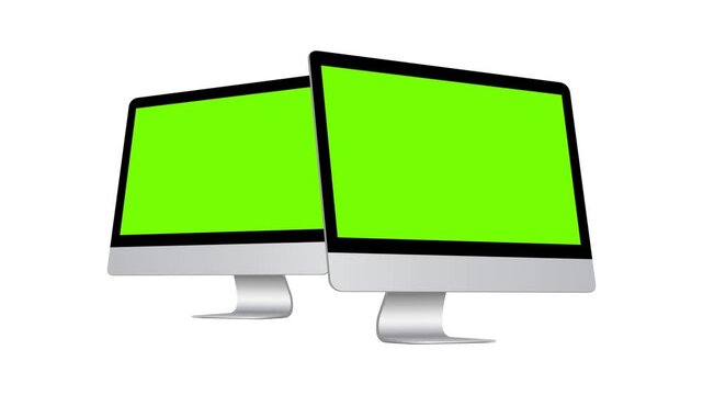 Two modern desktop computer monitors animated mockups side perspective view, with green chroma screens isolated on white background
