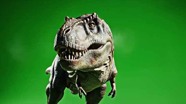 Close-up 3D rendering of a fierce Tyrannosaurus Rex, an extinct animal from the Cretaceous period, on a green screen background, showcasing its realistic details and imposing presence