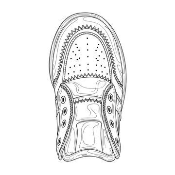 Detailed illustration of a shoe with visible tongue, isolated on a white background, featuring intricate line art and perforated patterns