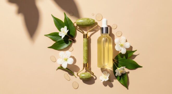 Jade facial roller and glass bottle of essential oil with white flowers and green leaves on a beige background