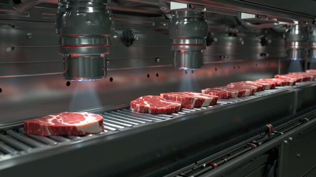 High tech food industry automation slicing beef on conveyor system