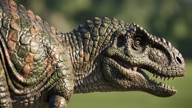 A realistic close-up of a ferocious Tyrannosaurus Rex, an extinct animal, as it roars in a prehistoric landscape