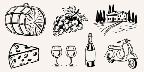 Naklejka premium Italian themed sketch featuring wine cheese and countryside elements
