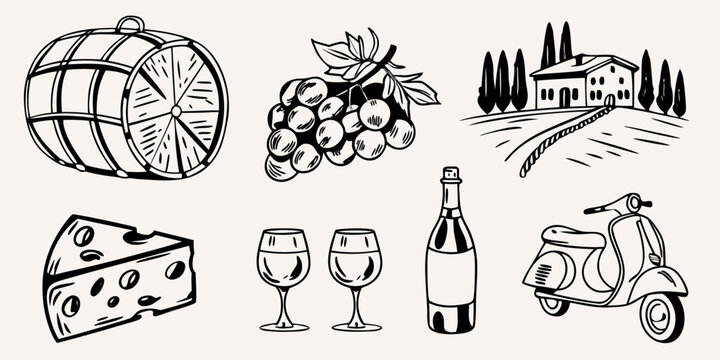 Italian themed sketch featuring wine cheese and countryside elements