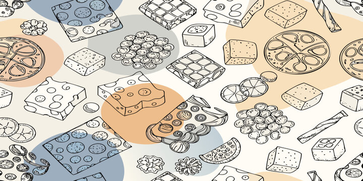 A colorful sketched pattern of various cheeses and geometric shapes