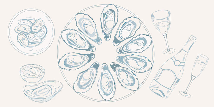 A sketch of oysters on the half shell with champagne and condiments