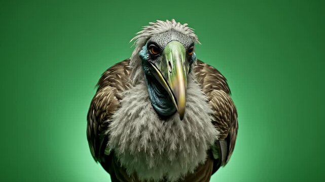 A close-up portrait of a pelican that looks like an extinct animal, showcasing its unique features and textures