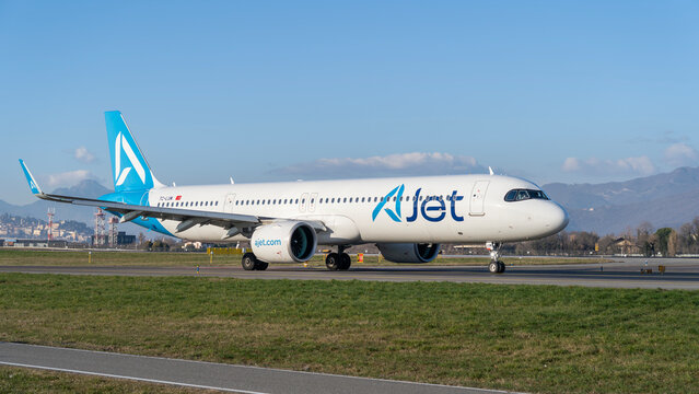 AJet Airbus A321 NEO is taxiing at BGY Bergamo Milano international airport. AJet is part of Turkish Airlines