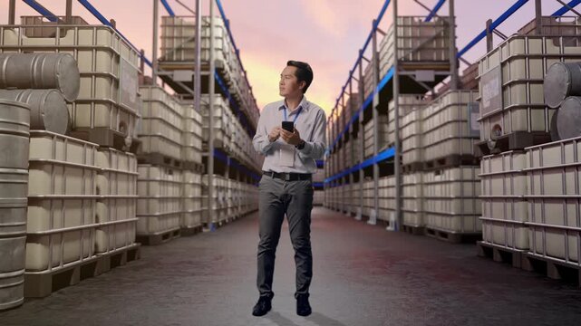 Full Body Of Asian Male Professional Worker With His Smartphone at Warehouse with Containers and Barrels, He Observes By Looking Around Before He Come To Concentrating With His Smartphone