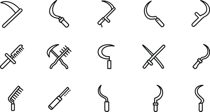 Farming tools icons set with sickle scythe and rake minimal line art vector illustration