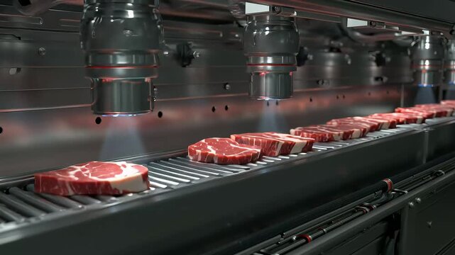 Automated meat processing conveyor system with robotic precision cutting technology