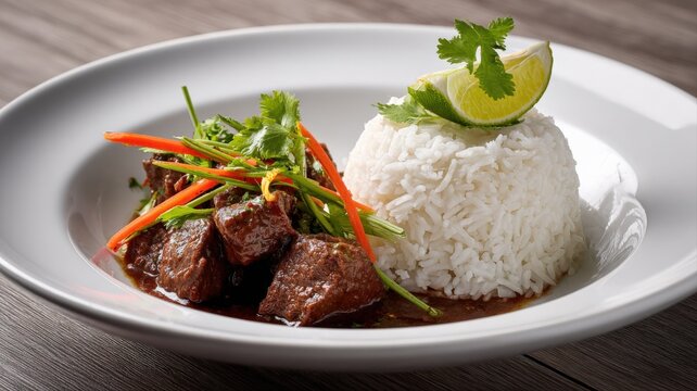 Delicious Vietnamese Thit Kho To Featuring Braised Pork Belly, Rice, and Fresh Herbs on White Plate