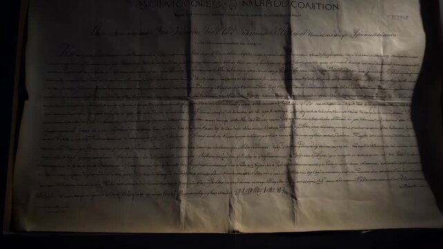 Declaration of Independence historic document with yellowed parchment... featuring framed, dark wood, museum with dimly lit and illuminated elements