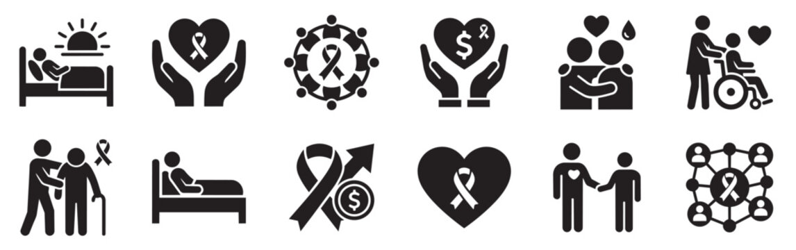 Cancer awareness and patient support solid icon set for healthcare caregiving donation and community help symbol collection