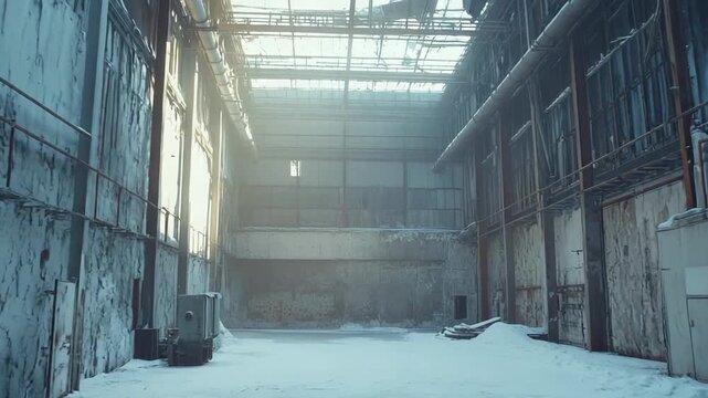 Industrial facility with high ceilings and snow on the floor, showing a deteriorating structure and cold atmosphere, symbolizing decay, neglect, and the passage of time