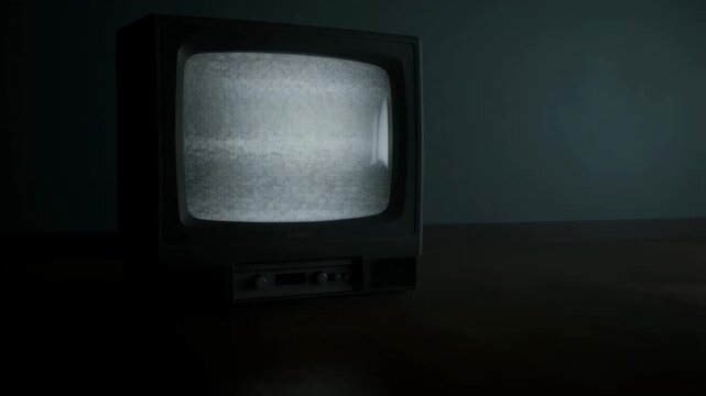 Television old boxy with static screen in dark room cinematic shot featuring retro tv, black and white tv, obsolete tv with entertainment and media