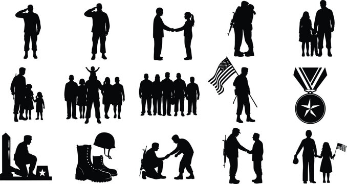 Collection of military silhouettes isolated on transparent background