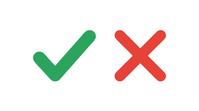 Green check mark and red cross symbols representing yes or no, true or false, and right or wrong, featuring a clean graphic design with rounded edges, isolated on transparent background.