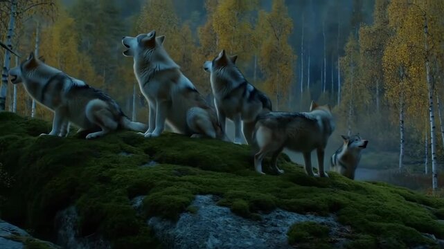 Wolves arctic family on a rocky hillside in a forest with autumn leaves featuring wolf pack, wildlife, animals with nature and environment elements