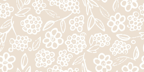Delicate floral pattern with white berries and leaves on a beige background © Milton