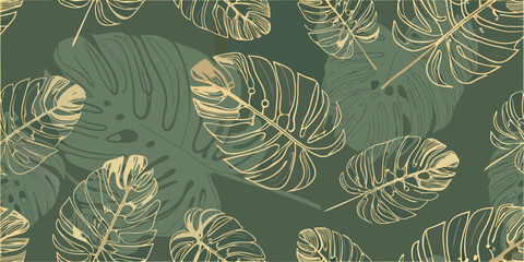Elegant tropical monstera leaf pattern with golden line work on dark green © Milton