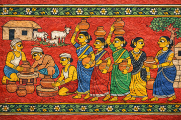 Fototapeta premium Authentic Traditional Cheriyal Scroll Painting of Village Artisans on Treated Khadi Canvas