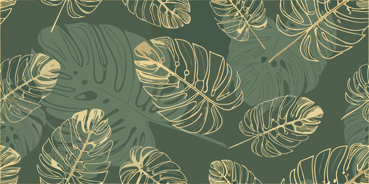 Elegant tropical monstera leaf pattern with golden line work on dark green