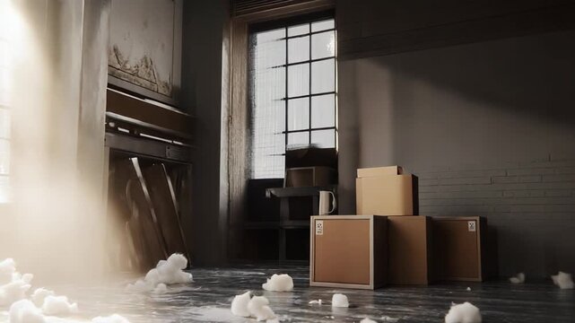 Cardboard moving boxes with packing peanuts scattered around the floor of a bright room, sunlight streaming through large industrial windows, creating a dusty atmosphere for a relocation concept