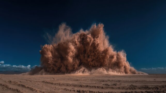 Powerful Sand Dust Storm blowing across a vast empty desert landscape with a dark blue sky background for environmental climate change concept and travel banner
