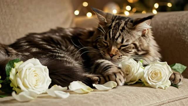 A serene cat rests on a couch surrounded by white roses and petals indoors.