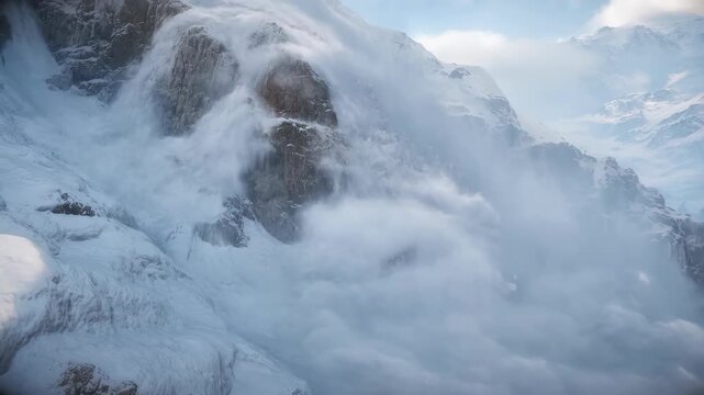 Avalanche mountain with snow falling from above, rugged landscape featuring winter, natural disaster, ski with snowboard and danger elements for