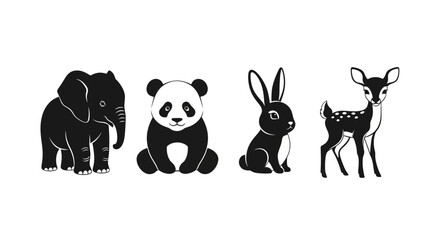 Black and white animal icons featuring elephant panda rabbit and deer in a row on plain background © Asim
