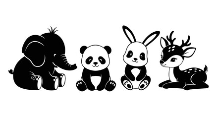 Cute cartoon animals sitting in a row black and white illustration of elephant panda rabbit and deer © Asim