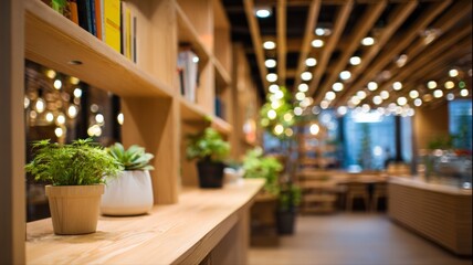 Fototapeta premium Cozy modern cafe interior with wooden shelves, potted plants, and blurred background ambiance