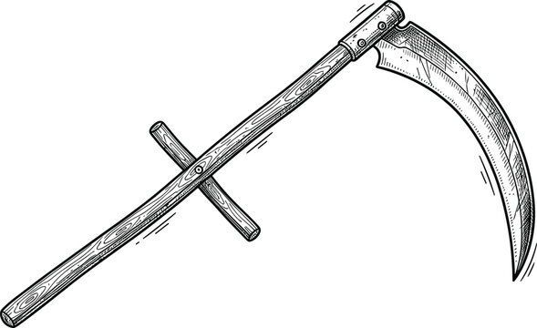 Vintage scythe illustration with wooden handle and curved harvest blade engraving style vector