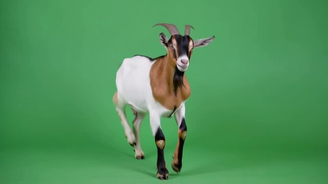 Goat white brown black running on green screen background studio featuring animal, mammal, livestock with farm animal and pet elements for hoofed