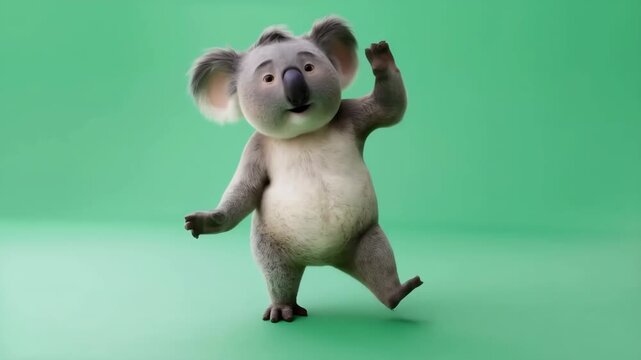 Koala dancing on green background with arms outstretched playfully featuring studio video, high-quality video, 3D animation with cute and playful