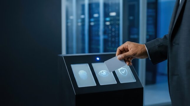 Business professional using plain access badge at biometric identity verification terminal in secure server room office with copy space