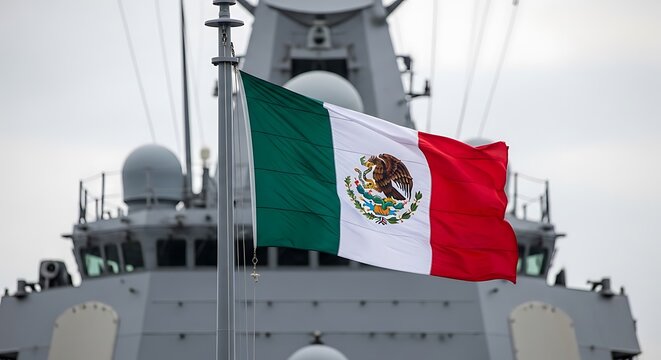 Mexican navy ship with flag at sea