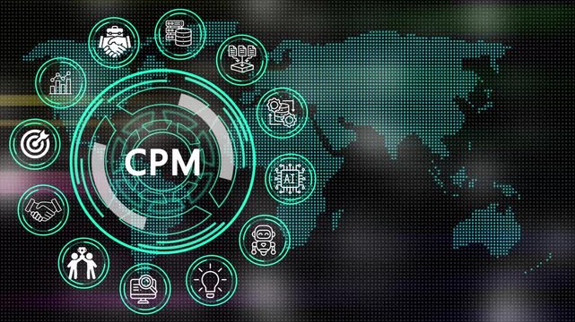 Digital CPM concept depicting processes and key elements for corporate management  on digital world map motion graphics with futuristic technology .4K