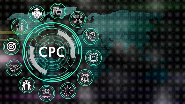 Digital CPC concept depicting processes and key elements for corporate management  on digital world map motion graphics with futuristic technology .4K