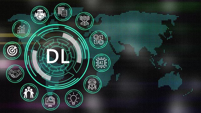 Digital DL concept depicting processes and key elements for corporate management  on digital world map motion graphics with futuristic technology .4K