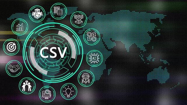 Digital CSV concept depicting processes and key elements for corporate management  on digital world map motion graphics with futuristic technology .4K