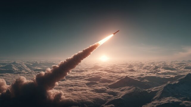 Strategic Missile Launching Through Cloudscape, Symbolizing Technological Advancement and Defense Capabilities, High Altitude