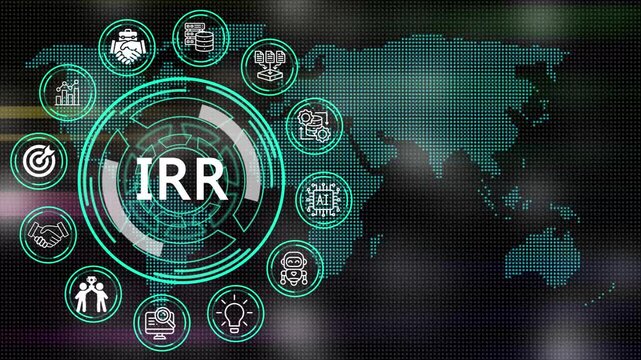 Digital IRR concept depicting processes and key elements for corporate management  on digital world map motion graphics with futuristic technology .4K