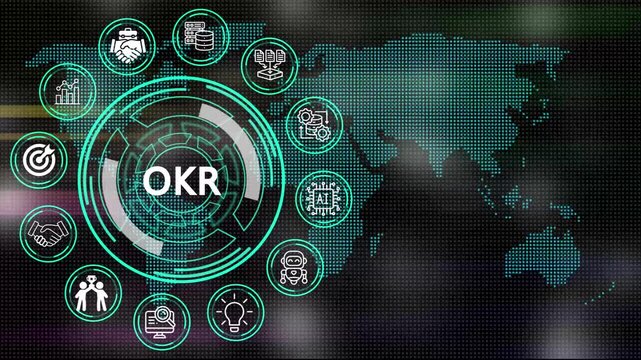 Digital OKR concept depicting processes and key elements for corporate management  on digital world map motion graphics with futuristic technology .4K