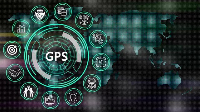 Digital GPS concept depicting processes and key elements for corporate management  on digital world map motion graphics with futuristic technology .4K
